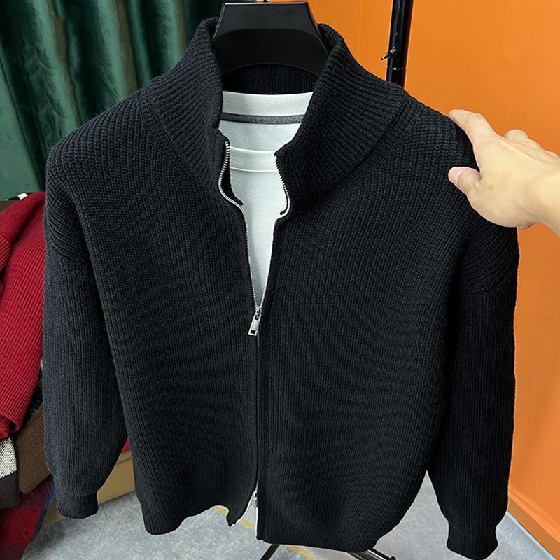 Lässiger Strickjackenpullover für Herren im Retro-Stil, lockerer Vintage-Strickpullover mit Reißverschluss – Strickpullover mit entspannter Passform für die Freizeit in Grau und Schwarz_voghion.com