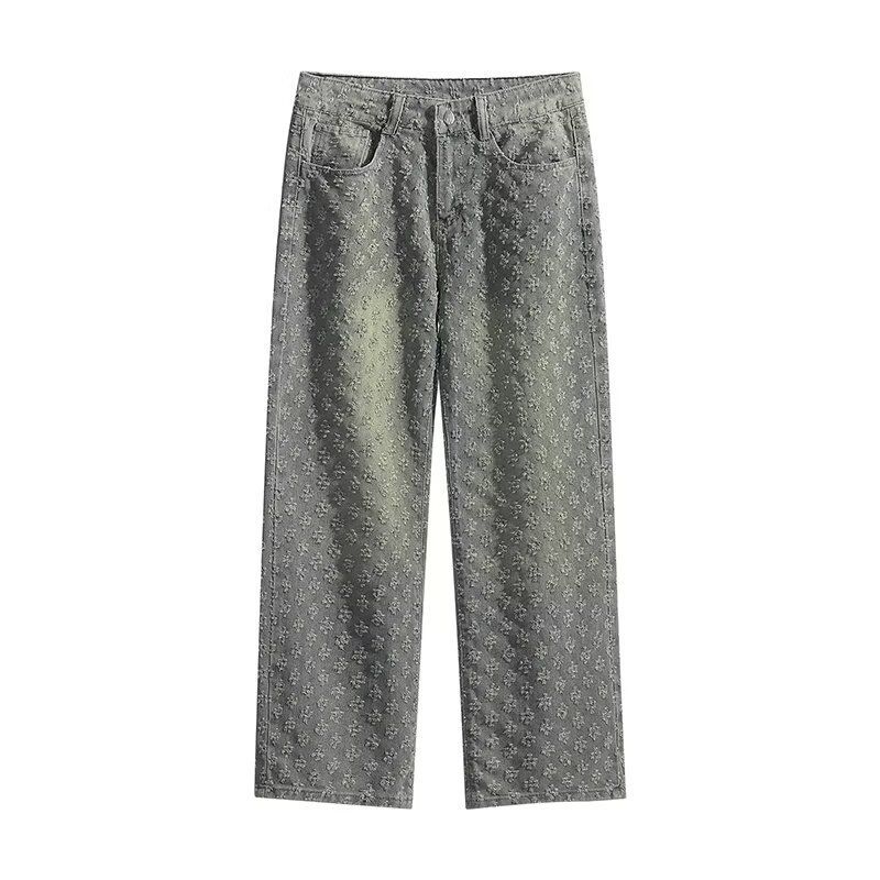 New American Denim Suit Men's Versatile Spring And Autumn Jacket Jacquard Casual Trend Lapel Shirt Wide Leg Pants_voghion.com