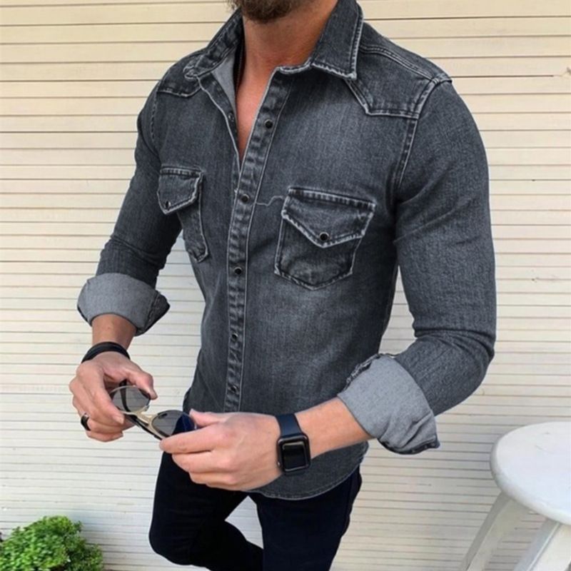 Wholesale foreign trade new men's clothing Korean style denim clothes washed men's slim casual long-sleeved denim shirt jacket for men_voghion.com