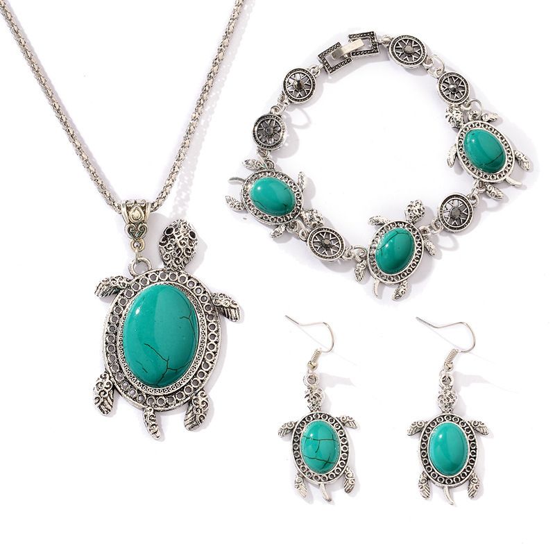 Set di tre gioielli esotici retrò con tartaruga turchese alla moda, accessori transfrontalieri all'ingrosso, set europeo e americano_voghion.com