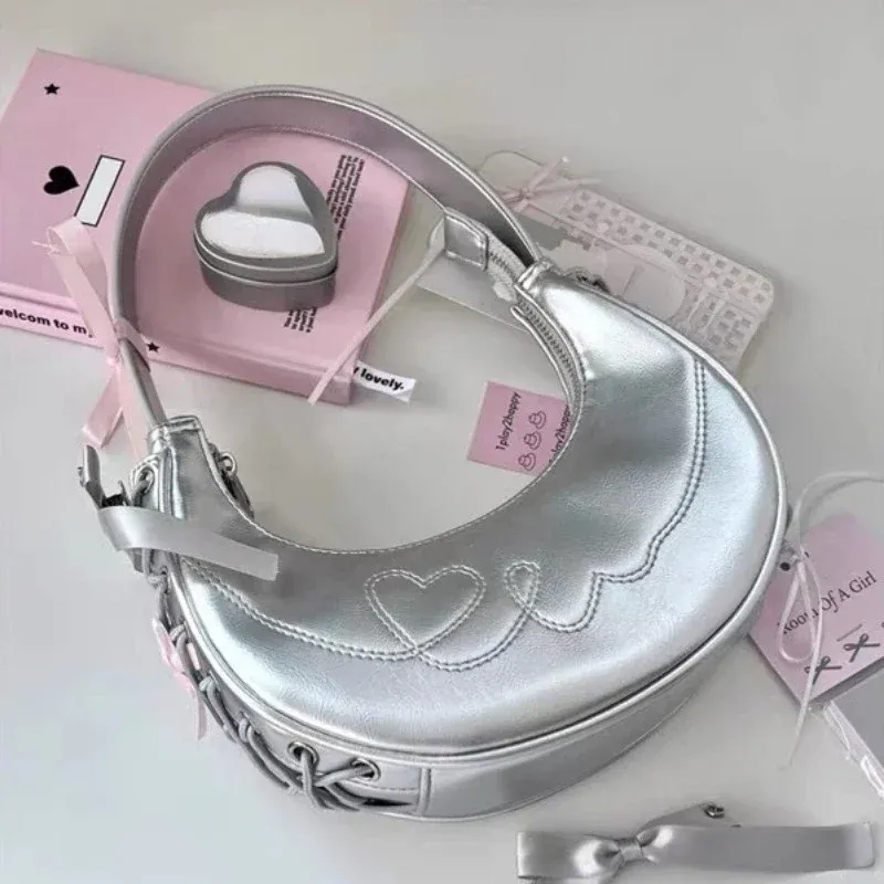 Y2K Vintage Koreanische Sier Schulter Halbmond Kleine Brieftasche Einkaufstasche Damen Handtasche Unterarm Taschen Geldbörsen Handtaschen Frauen_voghion.com