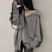 Women's Clothing Autumn Winter Minimalist Elegant Drawstring Hooded Oversized Long Sleeve Sweater Coat For Petite - Striped, Loose Fit, Polyester_voghion.com