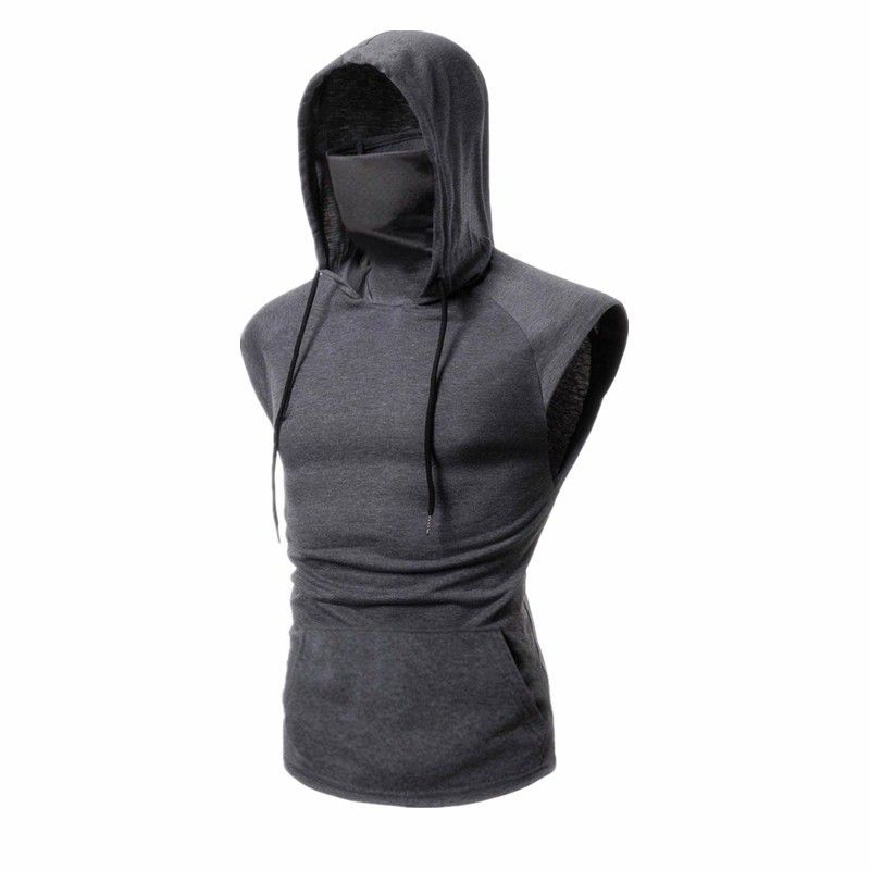 Men's Daily Fitness Wear Hooded Mask Solid Color Sleeveless Sports T Shirt_voghion.com