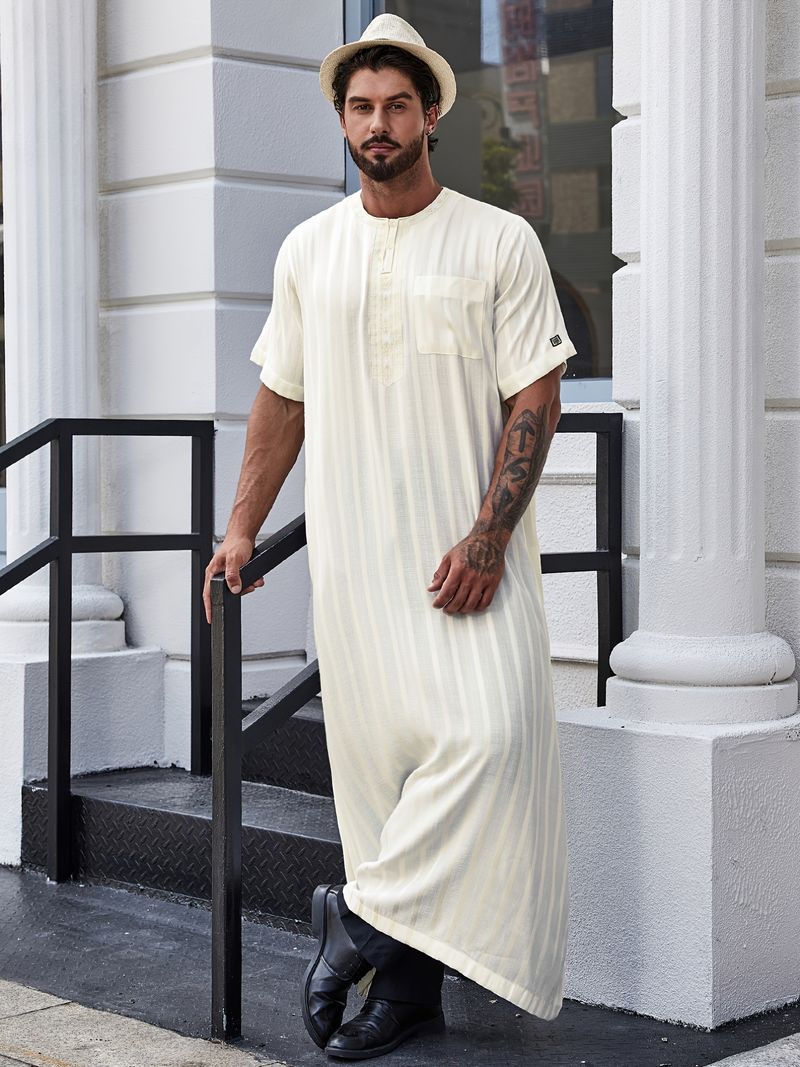 Herrenbekleidung Türkischer Muslimischer Herren Kurzarm Einfarbig Mittellange Bluse Männer_voghion.com