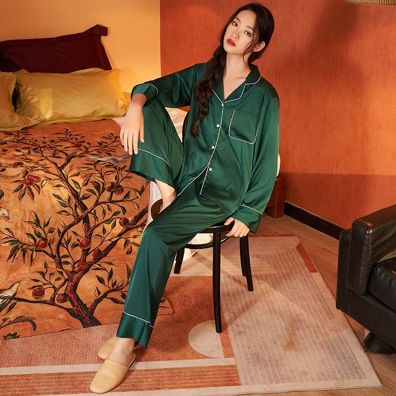 Casual Satin Chiffon Pajamas Long Sleeves Trousers Loungewear Set Retro Ladies Pajamas_voghion.com