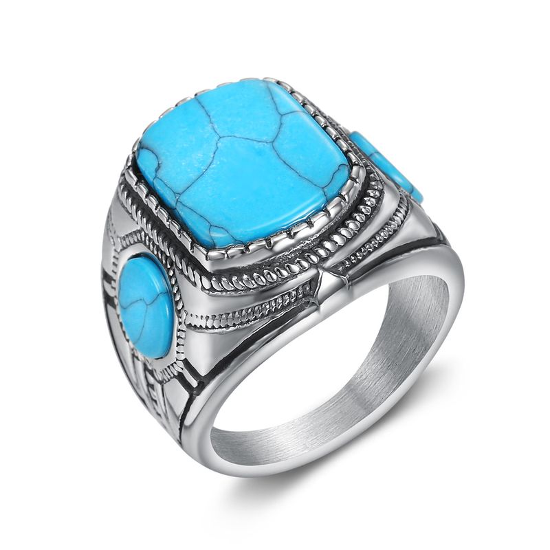 Nordic hot selling personalized stainless steel fashion retro three sided blue turquoise ring men's gemstone ring_voghion.com