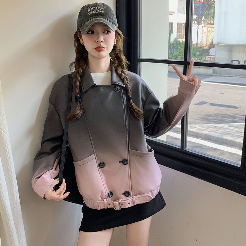 Giacca in pelle PU alla moda in stile coreano, taglia piccola, primavera 2025, grigio sfumato rosa per donna_voghion.com