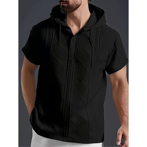 T-shirt con cappuccio e stampa elegante da uomo, comoda e traspirante, a maniche corte, con scollo a bottoni, per un abbigliamento casual._voghion.com