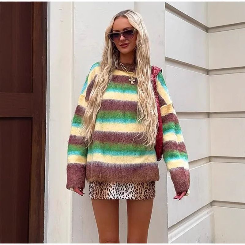 Women's Clothing Comfortable Casual Colorful Round Neck Striped Knit Sweater - Soft & Cozy Round Neck Pullover, Colorful Casual Top For Fall & Winter_voghion.com