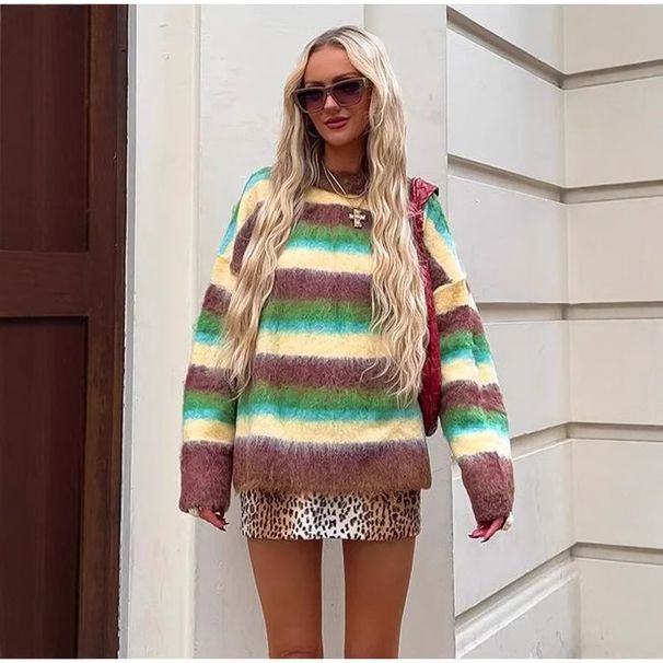 Women's Clothing Comfortable Casual Colorful Round Neck Striped Knit Sweater - Soft & Cozy Round Neck Pullover, Colorful Casual Top For Fall & Winter_voghion.com