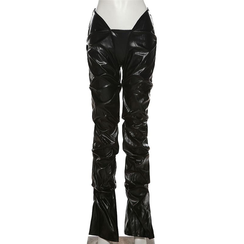 Vêtements pour femmes automne nouvelle mode plissé PU Faux cuir Sexy taille basse rue tir coupe droite pantalon décontracté_voghion.com