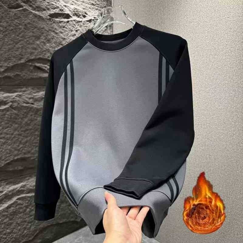 Men's Clothing New autumn and winter velvet trendy color matching casual sweatshirt, all match thick warm stitching contrast color bottoming top_voghion.com