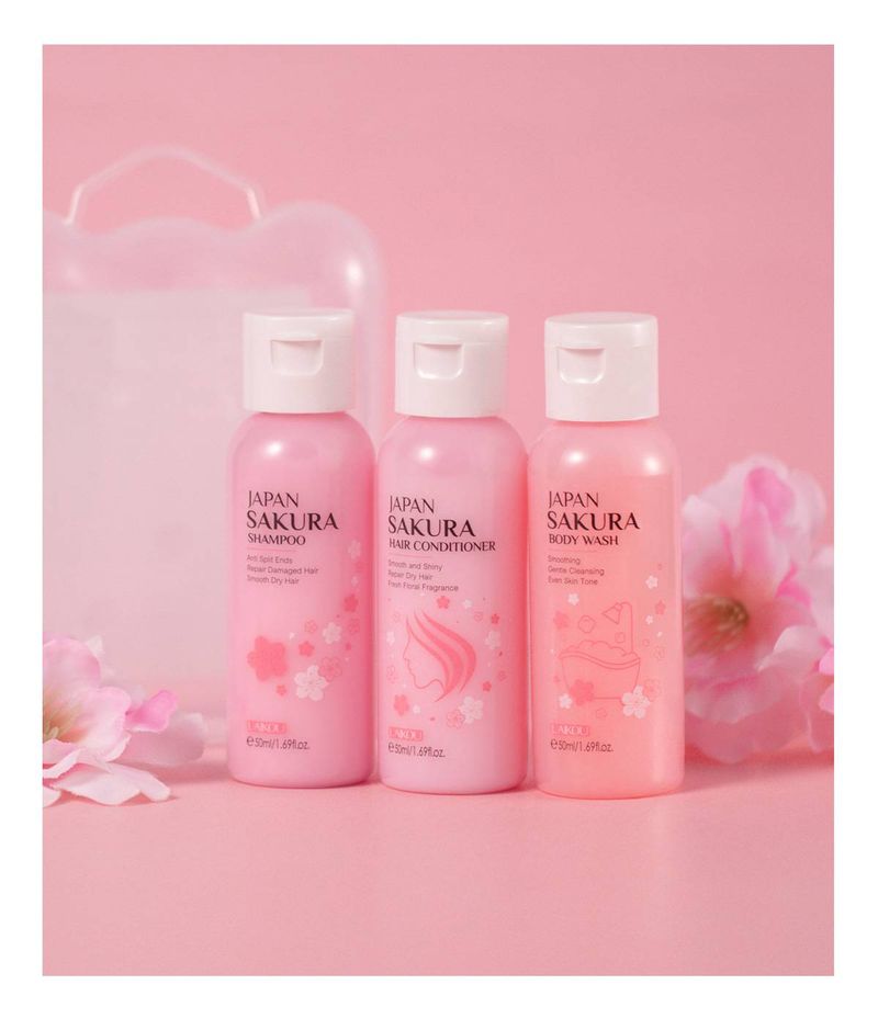 LAIKOU Japanese Sakura Bath & Hair Care Set 3 Piece Hydrating Moisturizing Cleansing_voghion.com