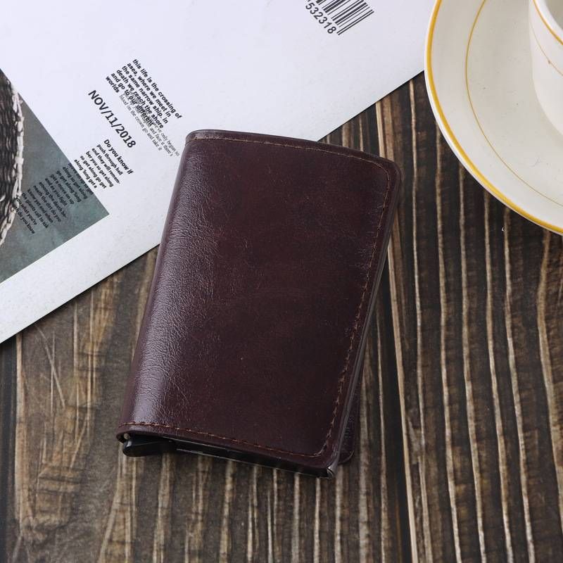 Retro Anti-theft Brush Anti-Demagnetization RFID Card Case Aluminum Alloy Automatic Card Case PU Wallet_voghion.com