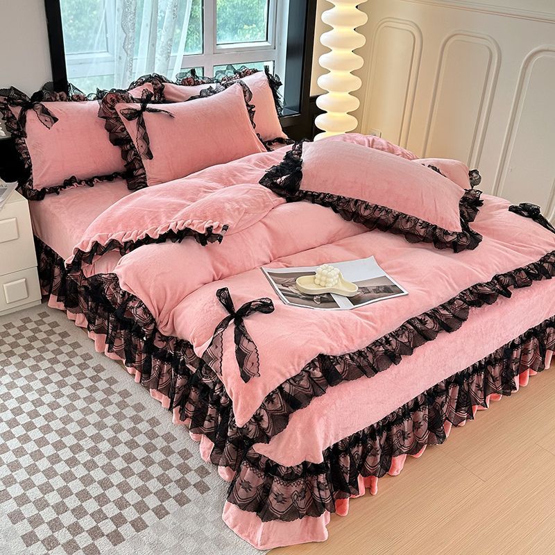 Copripiumino in flanella e velluto con bordo in pizzo, stile principessa, versione coreana, quattro pezzi, colore: Latte_voghion.com