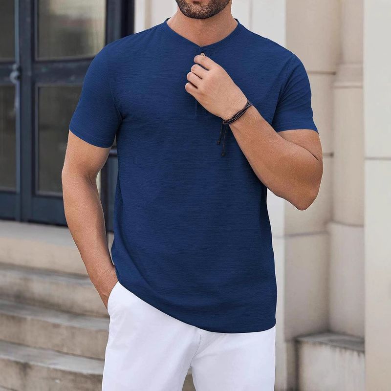 Abbigliamento da uomo Maglietta Henley da uomo a maniche corte, casual, con bottoni, leggera, estiva, tinta unita, slim_voghion.com