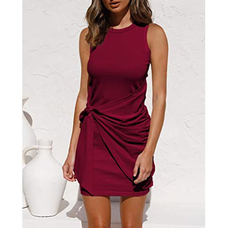 Sleeveless Round Neck Ruffle Bow Belt Irregular Dress_voghion.com
