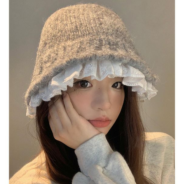 Cappello da pescatore coreano in maglia con pizzo, stile pigro, da donna, autunno/inverno, versatile, caldo, con piccolo cappello di lana_voghion.com