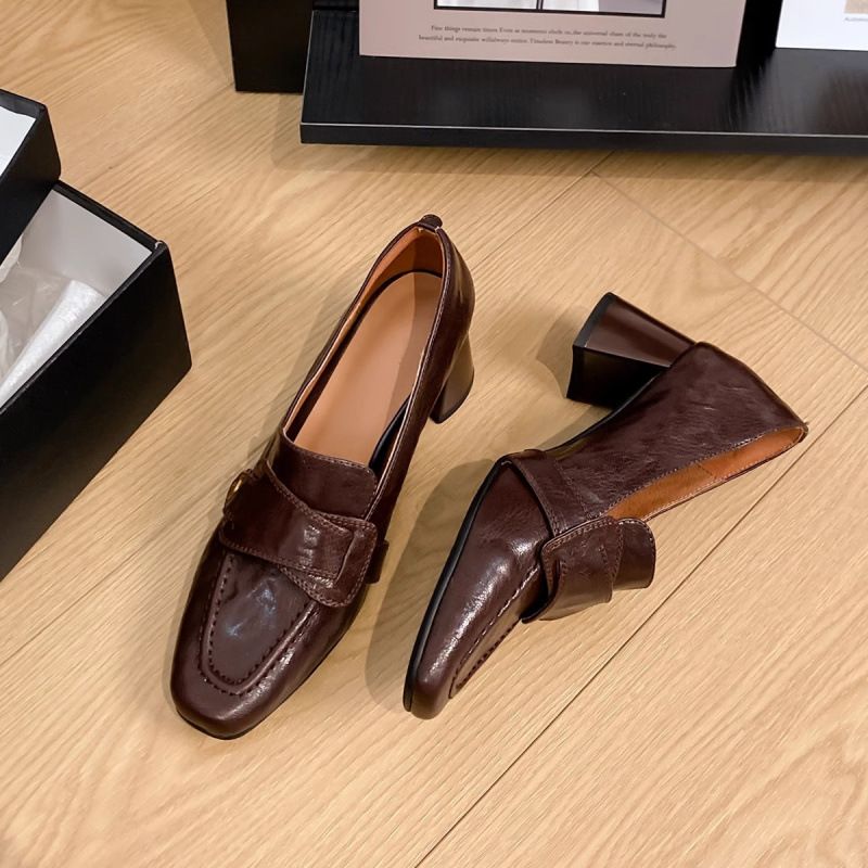 Edição de pele de carneiro ~ Sapatos femininos de couro genuíno estilo britânico, pequenos, saltos altos, mocassins quadrados para trabalho_voghion.com
