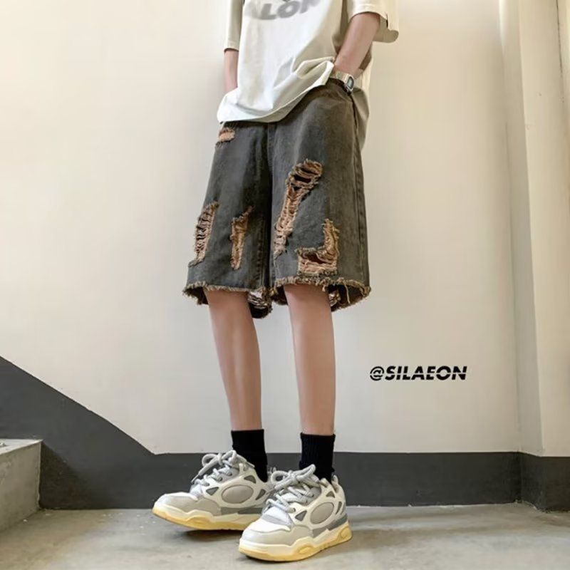 Hort di denim ditreed di stile americano per ragazzo, abito di looe sottile, design di nicchia e cinque pezzi alla moda di High Treet_voghion.com