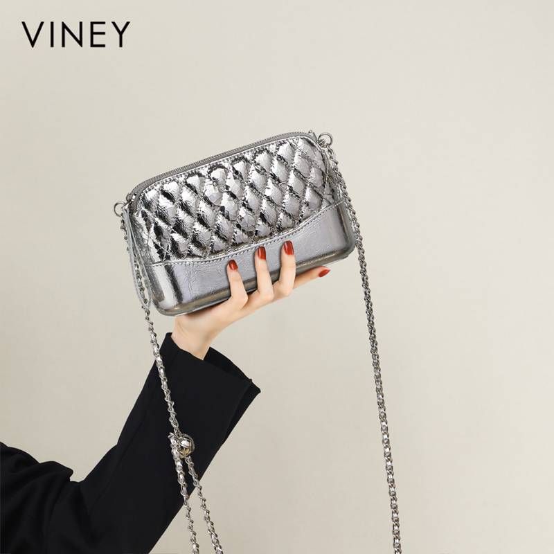 VINEY Bag Ladies 2025 New Hobo Bag Genuine Leather Women's Bag Crossbody Small Bag Small Golden Ball Chain Small Square Bag_voghion.com