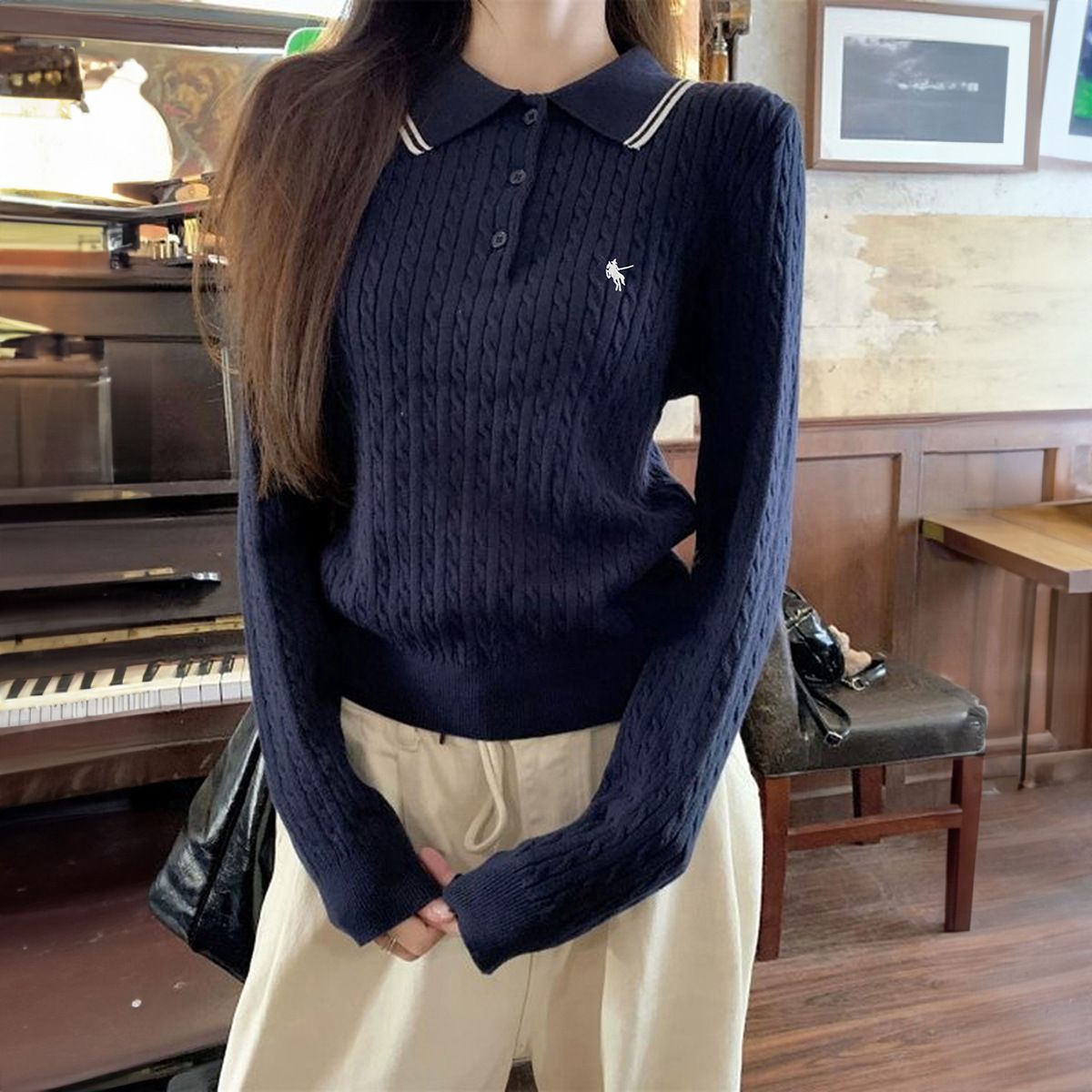 Maglione lavorato a maglia a righe larghe a maniche lunghe con cuciture a contrasto, girocollo, manica lunga, moda autunno e inverno per donna_voghion.com