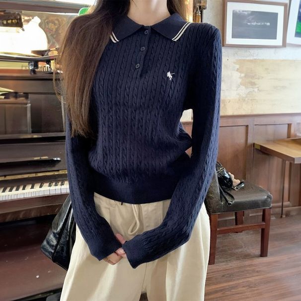 Maglione lavorato a maglia a righe larghe a maniche lunghe con cuciture a contrasto, girocollo, manica lunga, moda autunno e inverno per donna_voghion.com