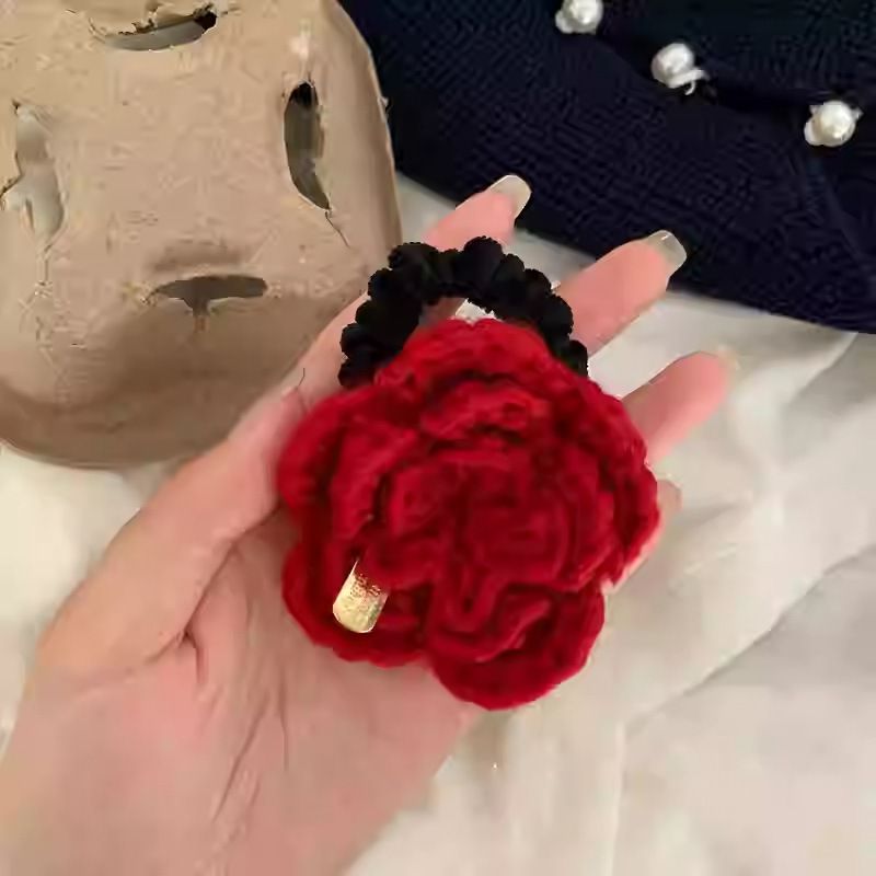 Elastico per capelli in velluto con etichetta rossa e oro rosa retrò francese, versatile fascia per capelli in gomma con fiori in lana, accessorio per capelli di alta qualità_voghion.com