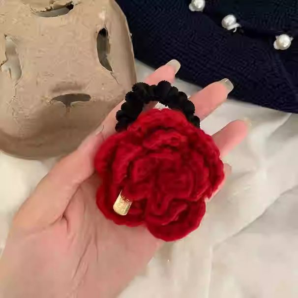 Elastico per capelli in velluto con etichetta rossa e oro rosa retrò francese, versatile fascia per capelli in gomma con fiori in lana, accessorio per capelli di alta qualità_voghion.com