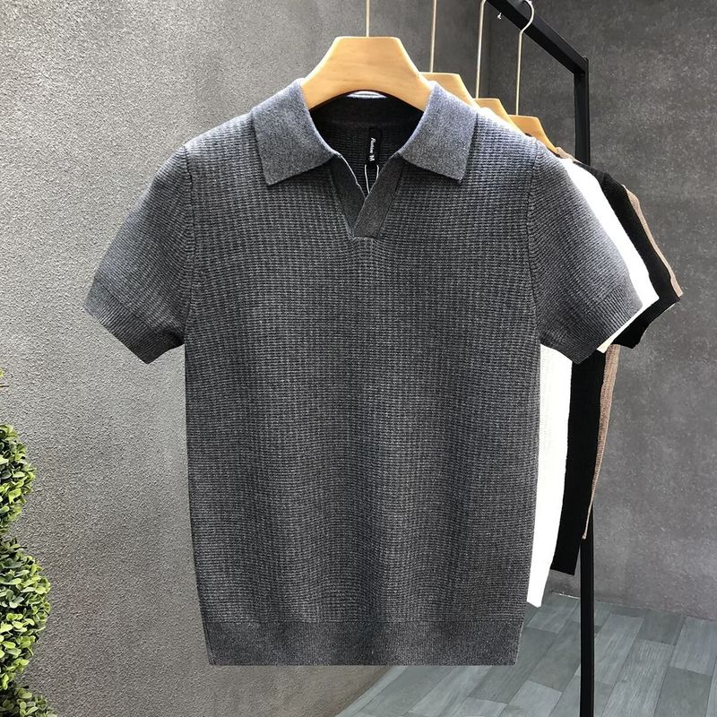 Men's Clothing Collar Short Sleeved Sweater Fashion Slim Fit Half Sleeved Lapel Knitted Bottoming Shirt_voghion.com