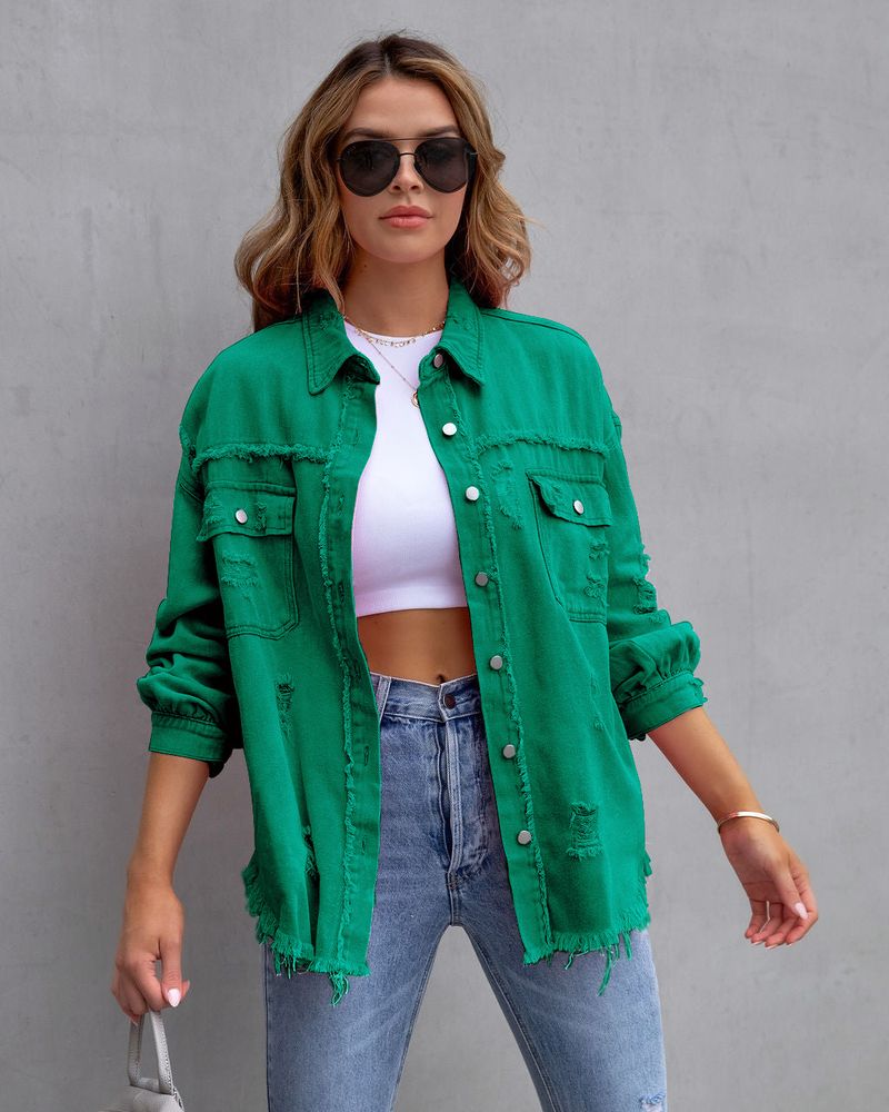 Women's Fashion Summer Lapel Long Sleeve Ripped Washed Denim Jacket_voghion.com
