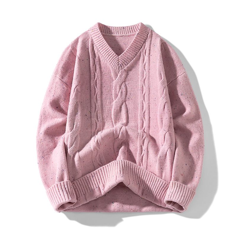 Men's Clothing Men's Winter Knit Sweater V-Neck Cable Pattern Loose Fit Warm Long Sleeve Pullover_voghion.com