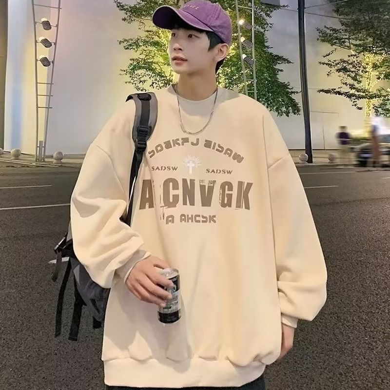 Men's Clothing retro round neck sweatshirt men's 2024 new long sleeved clothes couple loose casual all match tops printing_voghion.com