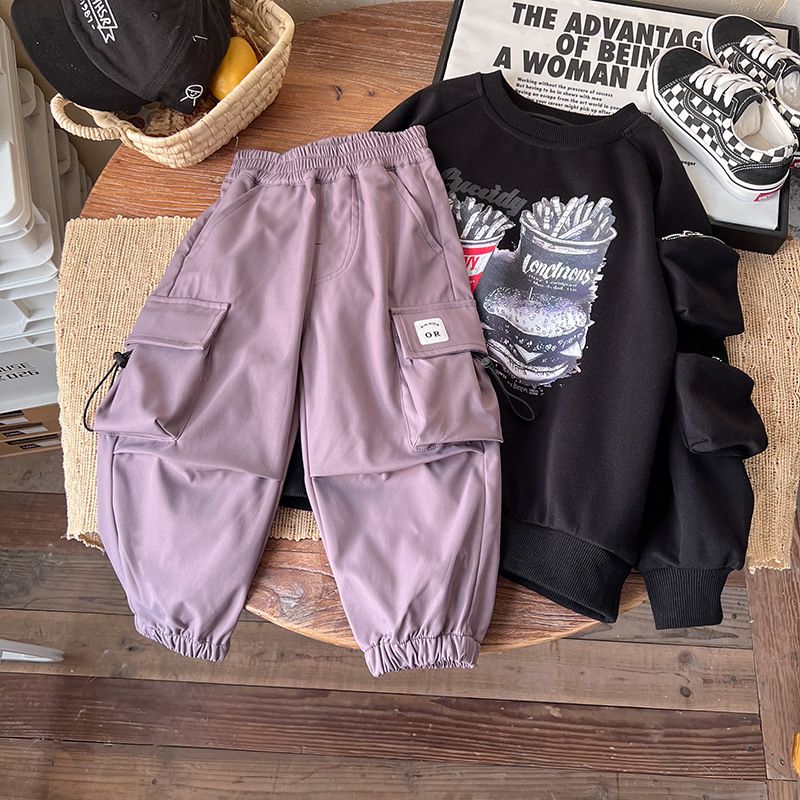 Pantalones para niños, otoño 2024, nuevo estilo, modernos, informales, para niños grandes, versión coreana, monos morados para niños_voghion.com