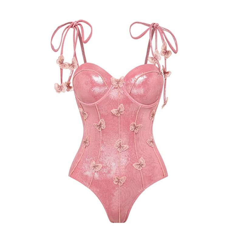 Women's Clothing Swimsuit New Three Dimensional Butterfly Decoration Sweet Girl Pink Shiny One Piece Swimsuit Beach Suit Female_voghion.com