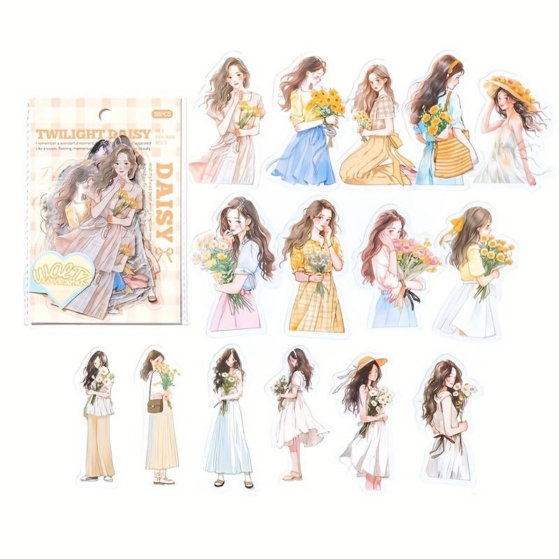 30 Pieces/pack Of PET Stickers For Girls' Diary Series - Cute Anime Characters, Soft Colors, Irregular Shapes, Matte Finish_voghion.com