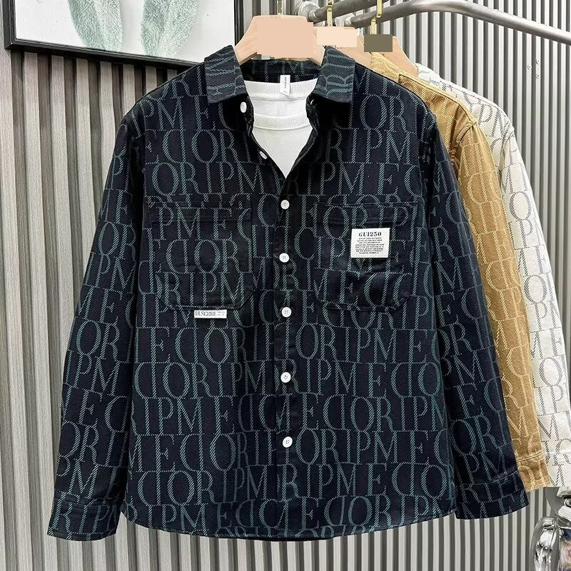 Camisa con estampado completo de letras para otoño e invierno, abrigo de manga larga para hombre y mujer, chaqueta de negocios británica, moda, comercio exterior, venta al por mayor transfronteriza_voghion.com