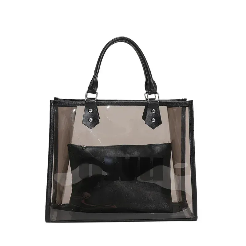 Borsa tote trasparente nera satinata con tasca interna, grande capacità, borsa da spiaggia casual alla moda con stampa di lettere_voghion.com
