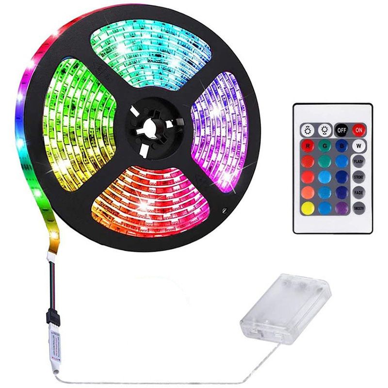 Fita de LED RGB 5V 2835 com controle remoto de 24 teclas, caixa de bateria, luz de fundo de TV à prova d'água para decoração de casa e festas_voghion.com