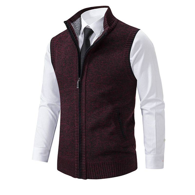 2024 plush thickened slim fit men's sweater jacket stand up collar casual knitted vest men_voghion.com