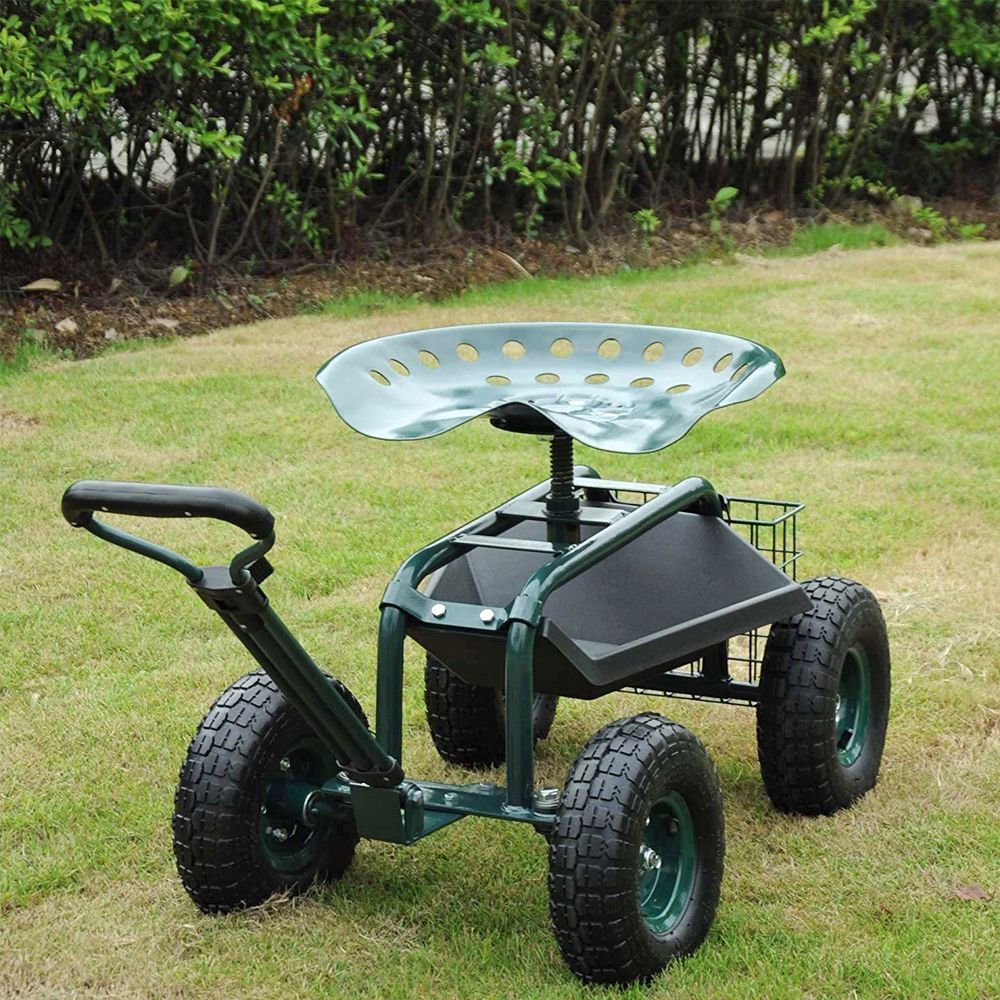 Carrello da giardino per impieghi gravosi con vassoio portautensili e sedile girevole a 360°_voghion.com