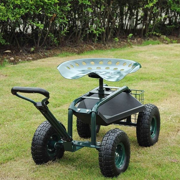Carrello da giardino per impieghi gravosi con vassoio portautensili e sedile girevole a 360°_voghion.com