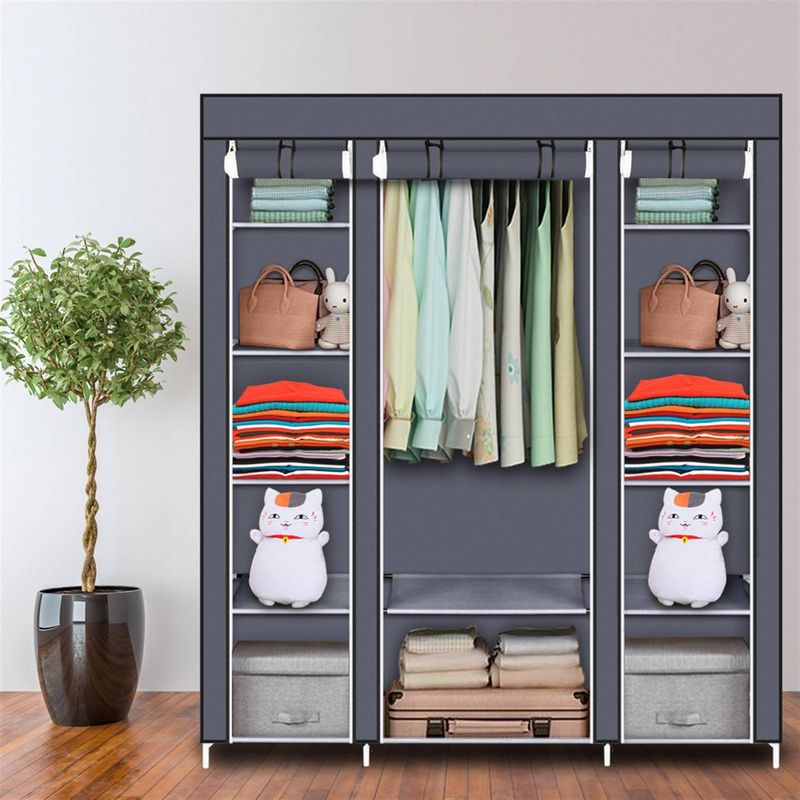 69" Tragbarer Kleiderschrank, Kleiderschrank-Aufbewahrungs-Organizer mit Vliesstoff, schnell und einfach zusammenzubauen, extra robust und langlebig, Grau_voghion.com