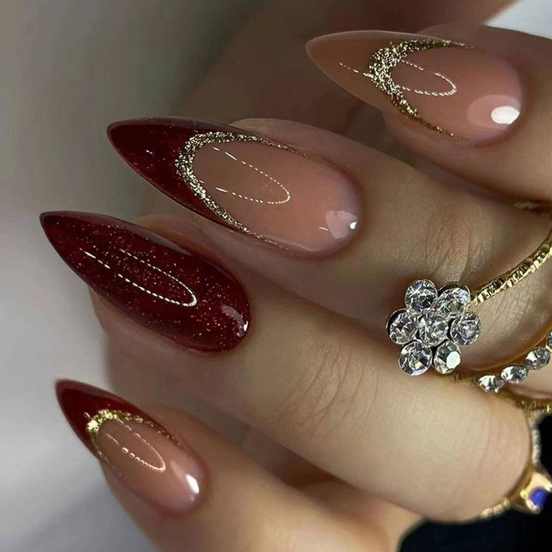 24 pieces of long almond shaped sparkling wine red bridal nail art champagne glitter French wearing nail plate&1 rubbing strip&1 jelly gel_voghion.com