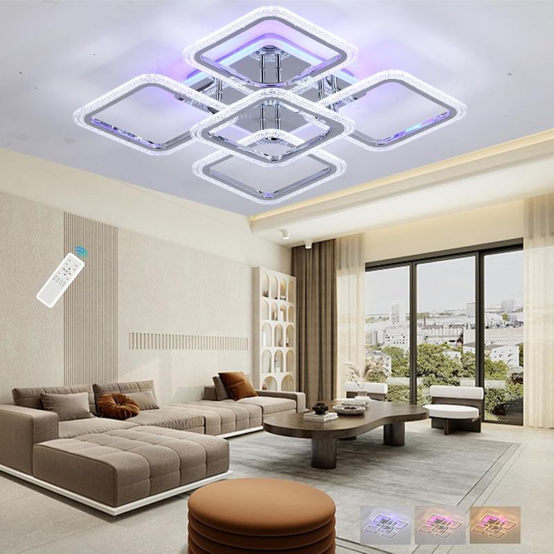 Moderne LED-Deckenleuchten, 80-W-Deckenleuchte mit Fernbedienung, 5 Quadrate, dimmbare Helligkeit, 3000–6000 K für Wohnzimmer, Flur, Chrom_voghion.com