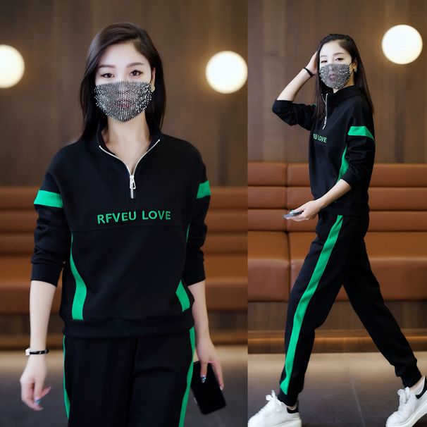 "Completo tuta casual da donna – Felpa con cappuccio e pantaloni della tuta in stile coreano (nero/arancione/bianco)"_voghion.com