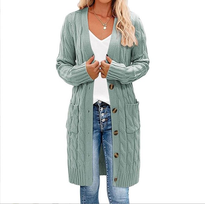 Dames lang gebreid vest met knopen en zakken - Gezellige V-hals trui met open voorkant in effen kleuren_voghion.com