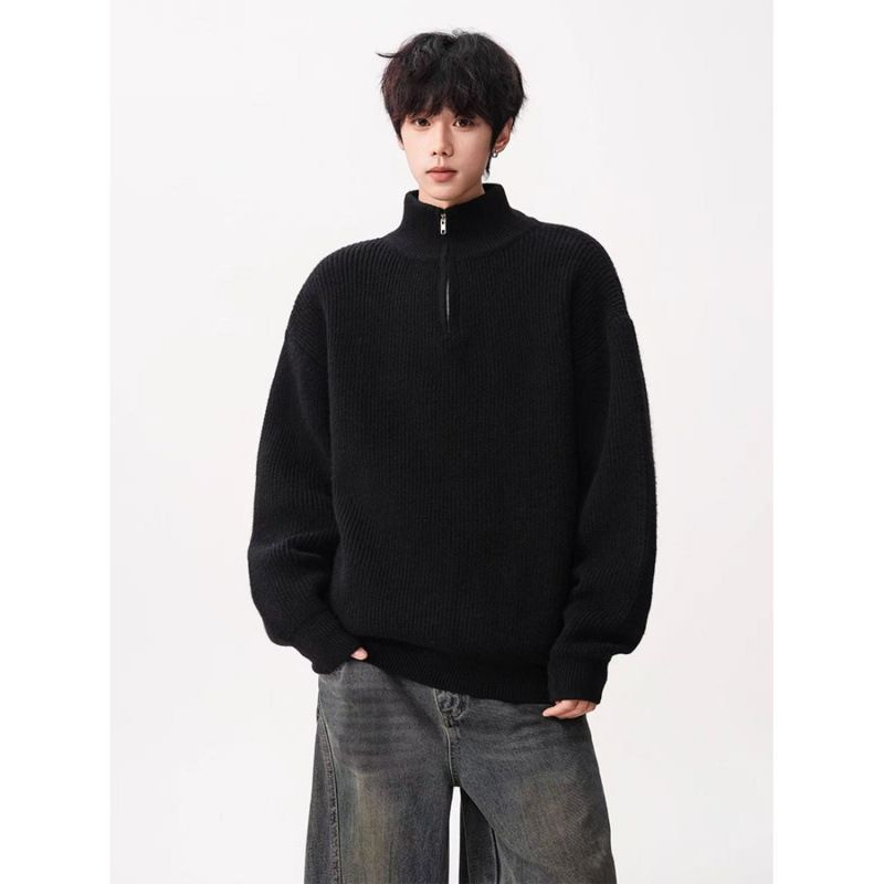 Half Zip Stand Up Collar Sweater For Men, Loose And Simple Knit Sweater, Solid Color Pullover_voghion.com