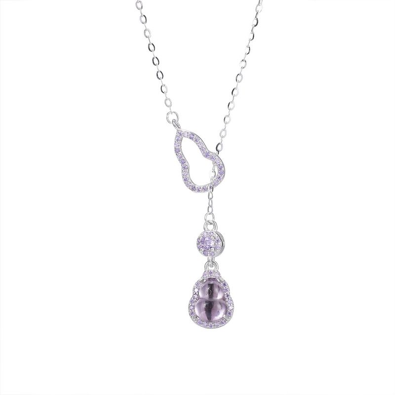 Colar com Pingente de Ametista Natural - Design de Cabaça Dupla em Prata Pura para Mulheres | Moda Leve, Luxo e Estilo Versátil_voghion.com