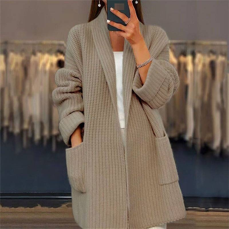 ​​Women’S Oversized V-Neck Cardigan – Thick Knit Open Front Sweater With Pockets (Cream/Camel) – Cozy Winter & Fall Layering Essential​​_voghion.com